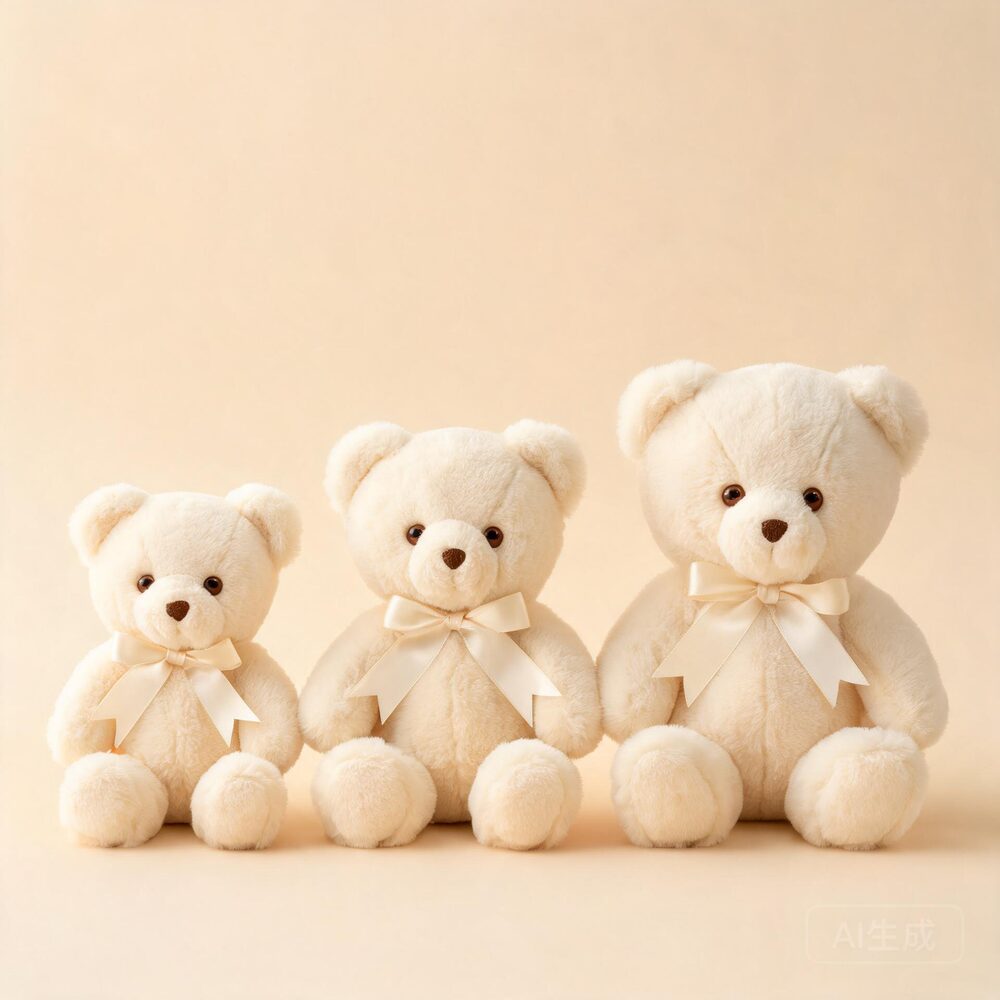 Trois tailles du même ours en peluche côte à côte, de 20 à 45 cm