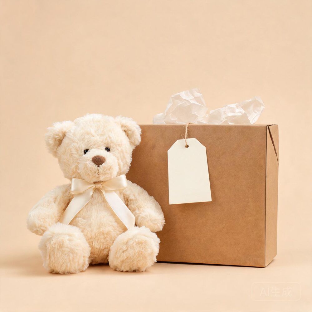 Ours en peluche à côté d'une boîte cadeau kraft avec étiquette volante vierge