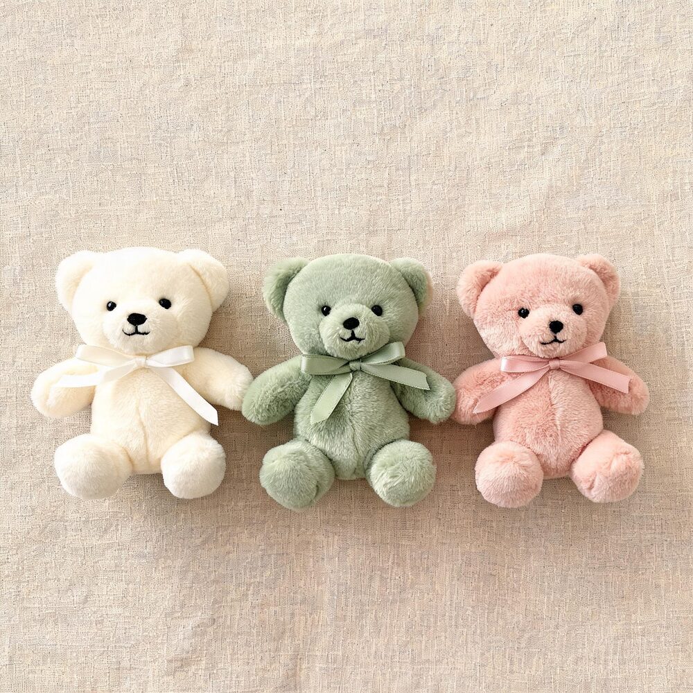 Trois coloris de l'ours en peluche : ivoire, vert sauge et rose poudré