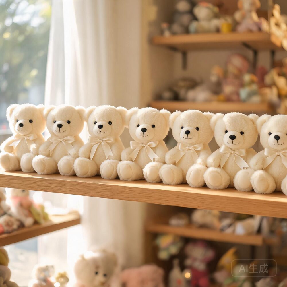 Rangée d'ours en peluche ivoire présentés sur des étagères en bois dans une boutique de jouets